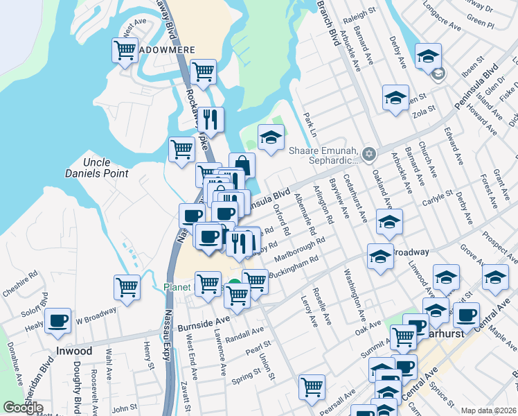 map of restaurants, bars, coffee shops, grocery stores, and more near 337 Peninsula Boulevard in Cedarhurst