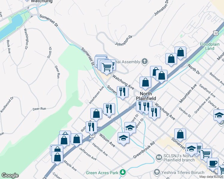 map of restaurants, bars, coffee shops, grocery stores, and more near 650 Somerset Street in North Plainfield