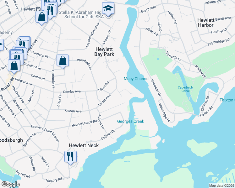 map of restaurants, bars, coffee shops, grocery stores, and more near 12 Macy Drive in Hewlett