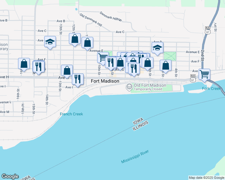 map of restaurants, bars, coffee shops, grocery stores, and more near 902 Riverview Drive in Fort Madison