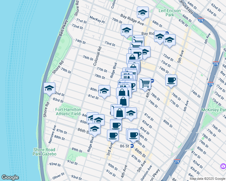map of restaurants, bars, coffee shops, grocery stores, and more near 220 79th Street in Brooklyn