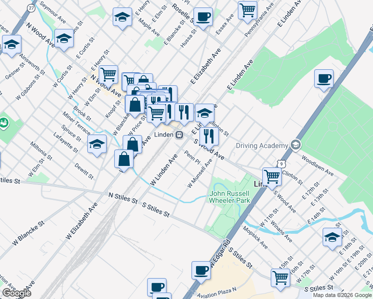 map of restaurants, bars, coffee shops, grocery stores, and more near 111 Penn Place in Linden