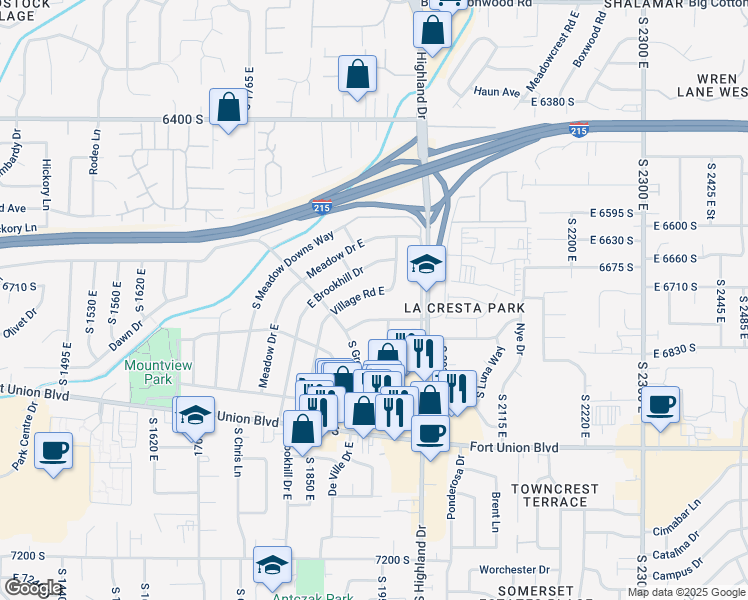 map of restaurants, bars, coffee shops, grocery stores, and more near 1911 Village Road East in Cottonwood Heights