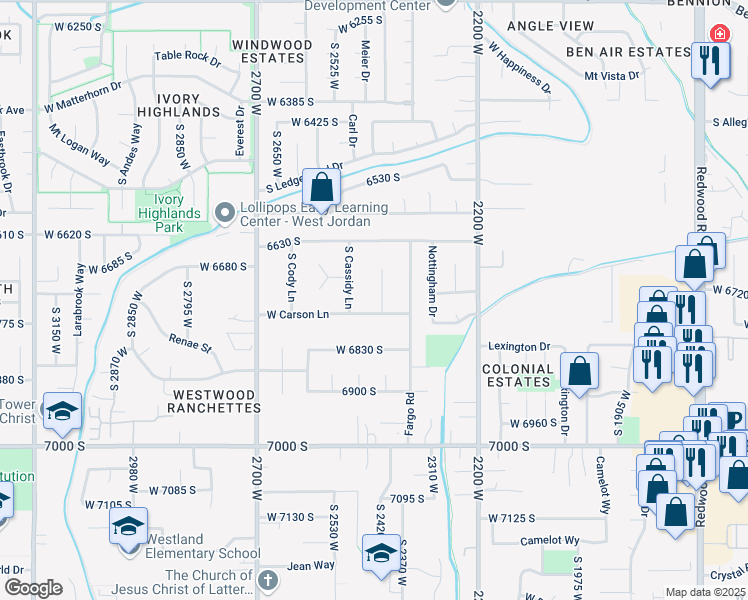 map of restaurants, bars, coffee shops, grocery stores, and more near 6722 South Carson Circle in West Jordan