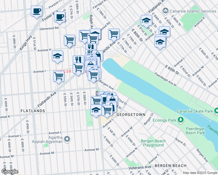 map of restaurants, bars, coffee shops, grocery stores, and more near 1072 Bergen Avenue in Brooklyn