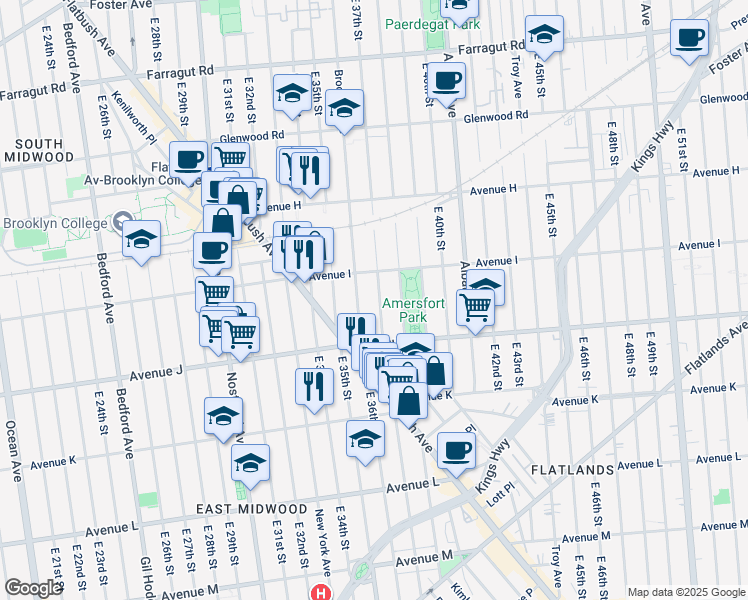 map of restaurants, bars, coffee shops, grocery stores, and more near 1803 Brooklyn Avenue in Brooklyn