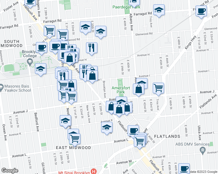 map of restaurants, bars, coffee shops, grocery stores, and more near 1803 Brooklyn Avenue in Brooklyn