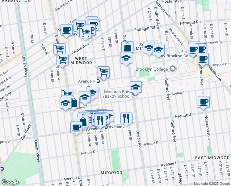 map of restaurants, bars, coffee shops, grocery stores, and more near 895 East 18th Street in Brooklyn