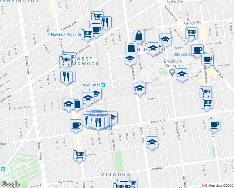 map of restaurants, bars, coffee shops, grocery stores, and more near 895 East 18th Street in Brooklyn