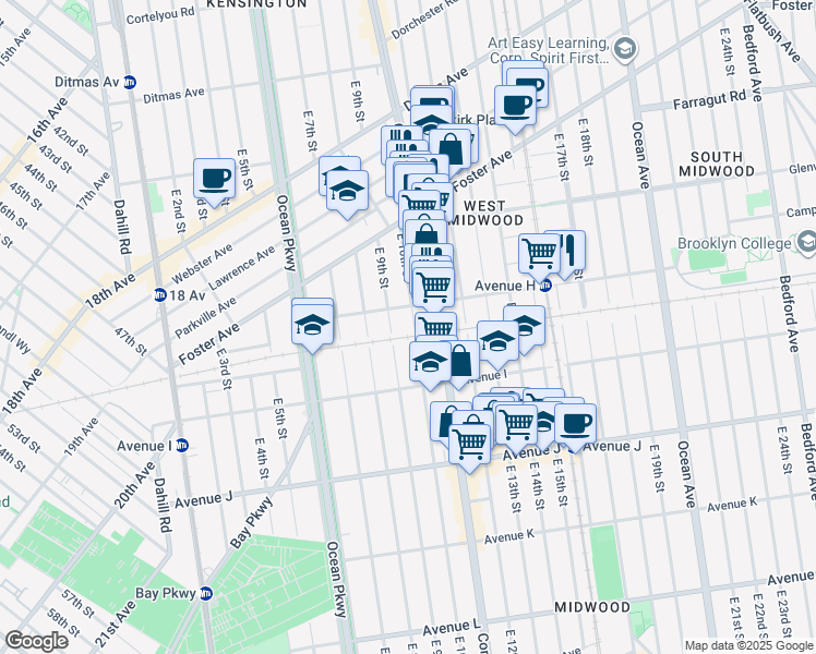 map of restaurants, bars, coffee shops, grocery stores, and more near 1166 Coney Island Avenue in Brooklyn