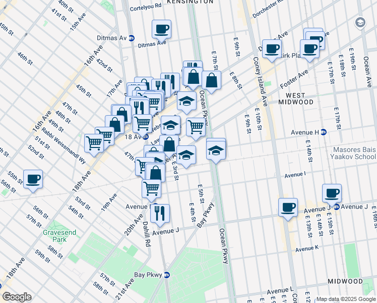 map of restaurants, bars, coffee shops, grocery stores, and more near 301 Foster Avenue in Brooklyn