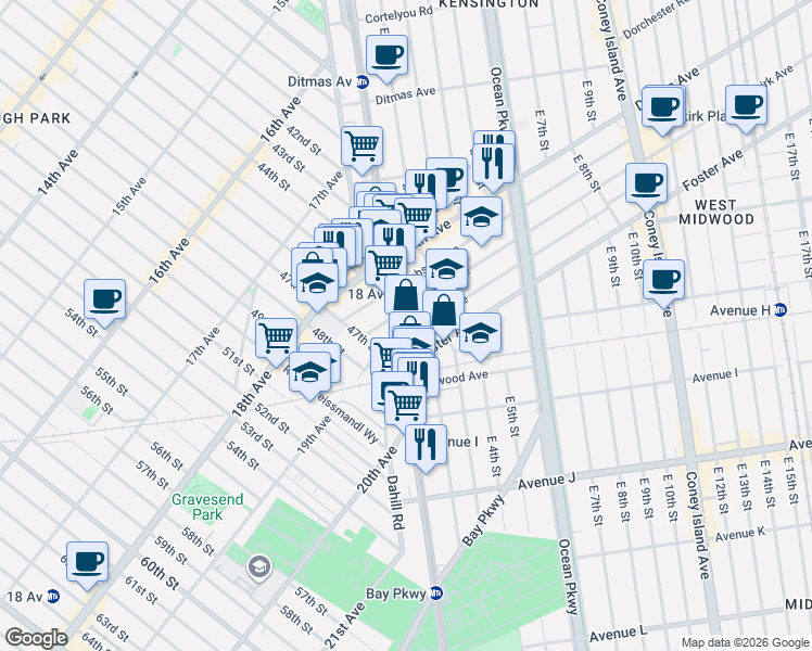 map of restaurants, bars, coffee shops, grocery stores, and more near 38 Lawrence Avenue in Brooklyn