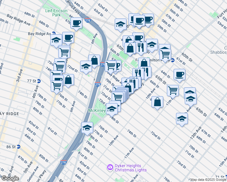 map of restaurants, bars, coffee shops, grocery stores, and more near 844 70th Street in Brooklyn