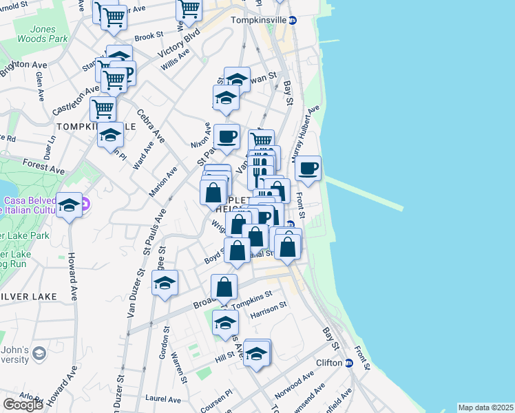 map of restaurants, bars, coffee shops, grocery stores, and more near 109 Prospect Street in Staten Island