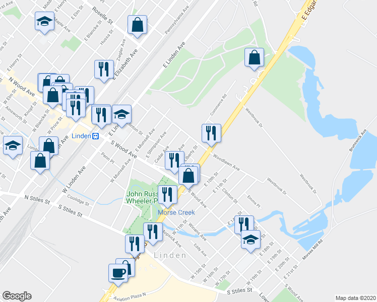 map of restaurants, bars, coffee shops, grocery stores, and more near 138 Liberty Street in Linden