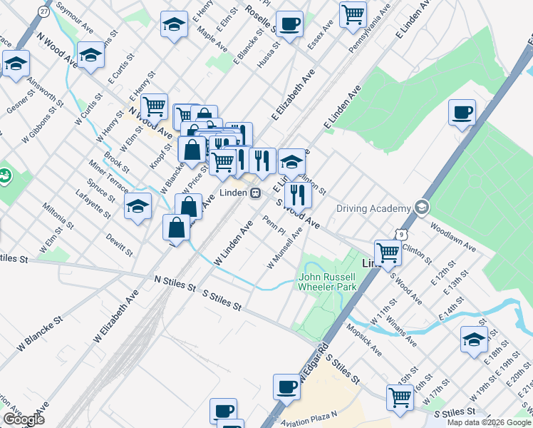 map of restaurants, bars, coffee shops, grocery stores, and more near 111 Penn Place in Linden