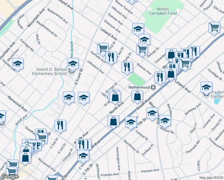 map of restaurants, bars, coffee shops, grocery stores, and more near 832 George Street in Plainfield