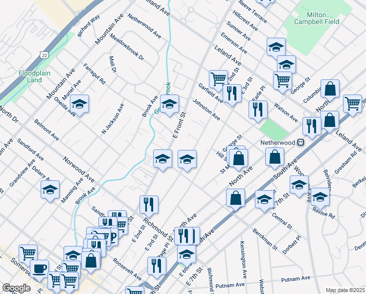 map of restaurants, bars, coffee shops, grocery stores, and more near 728 East Front Street in Plainfield