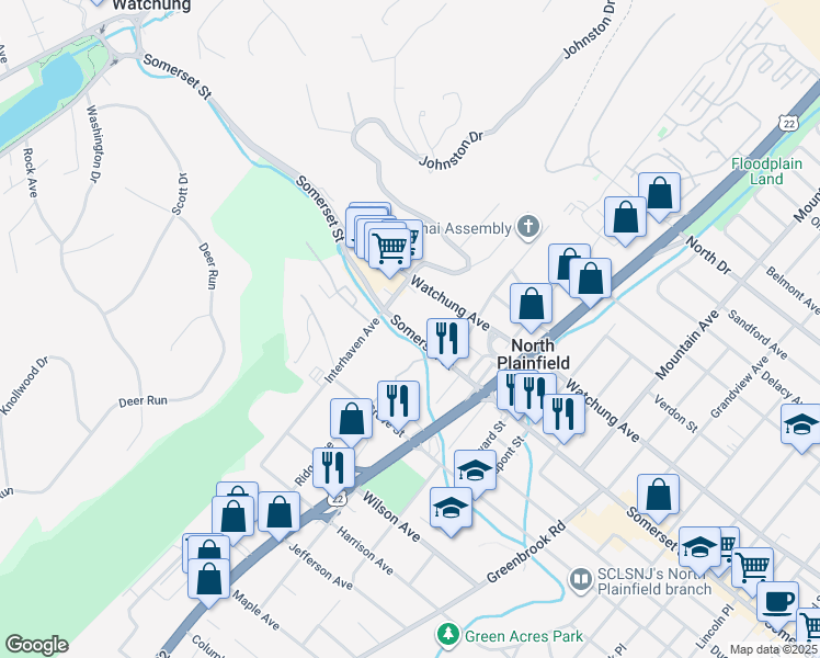 map of restaurants, bars, coffee shops, grocery stores, and more near 650 Somerset Street in North Plainfield