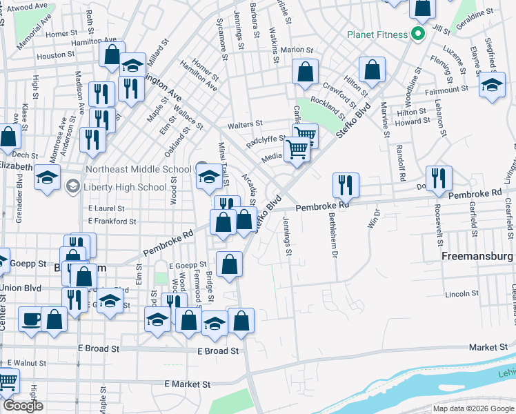 map of restaurants, bars, coffee shops, grocery stores, and more near 1119 Arcadia Street in Bethlehem