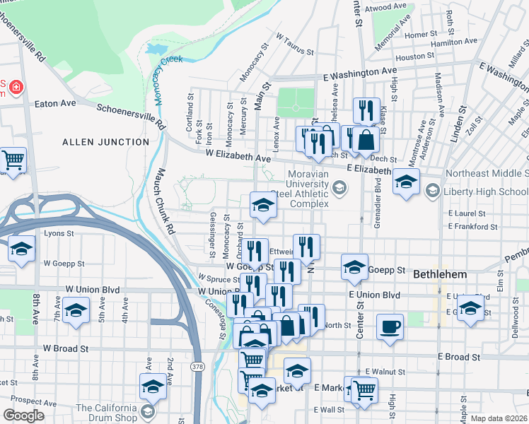 map of restaurants, bars, coffee shops, grocery stores, and more near 76 West Laurel Street in Bethlehem