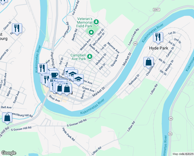 map of restaurants, bars, coffee shops, grocery stores, and more near 377 Harrison Avenue in Leechburg