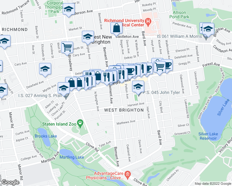 map of restaurants, bars, coffee shops, grocery stores, and more near 129 Morrison Avenue in Staten Island