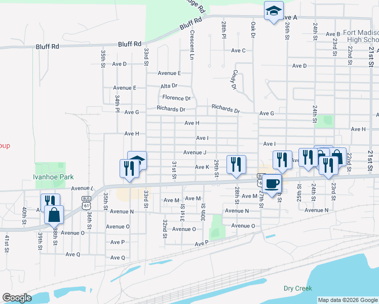 map of restaurants, bars, coffee shops, grocery stores, and more near 3033 Ave J in Fort Madison