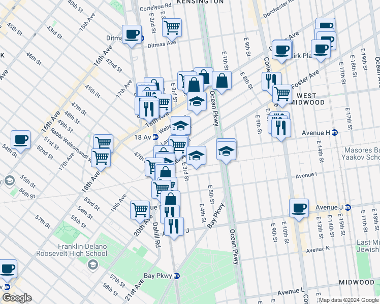map of restaurants, bars, coffee shops, grocery stores, and more near 301 Foster Avenue in Brooklyn