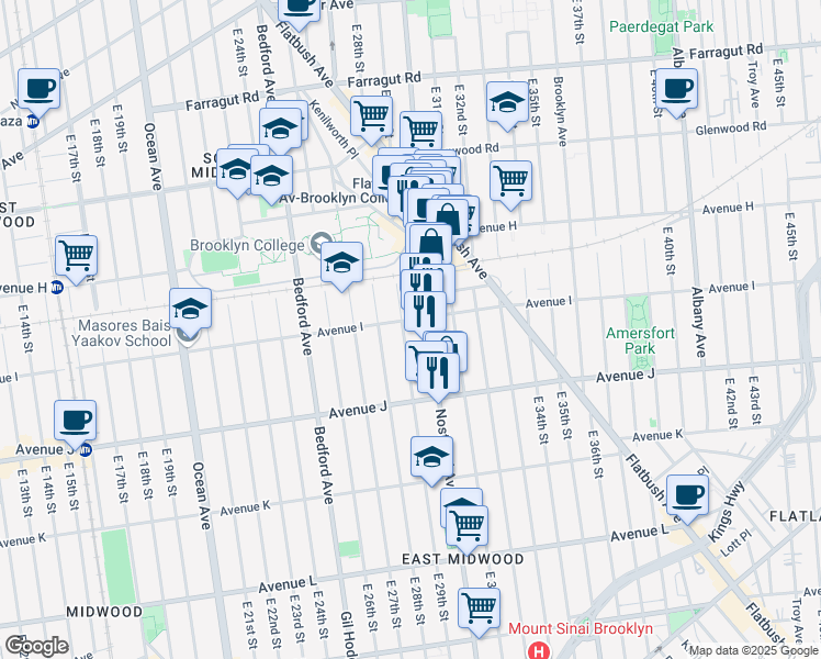 map of restaurants, bars, coffee shops, grocery stores, and more near 909 East 29th Street in Brooklyn