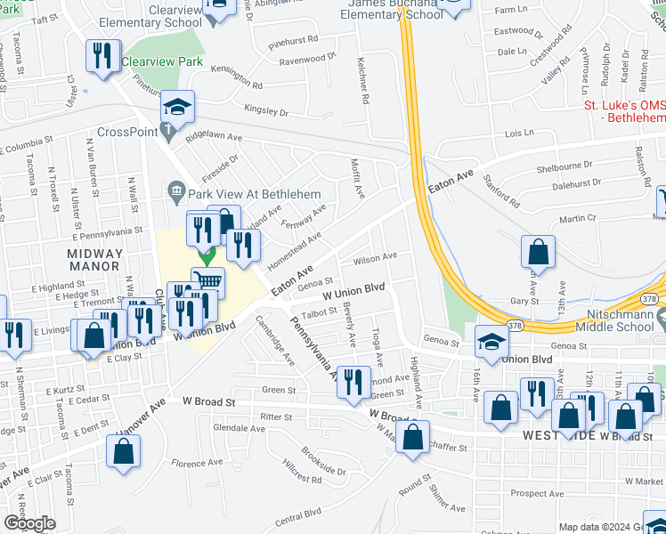 map of restaurants, bars, coffee shops, grocery stores, and more near 1033 Beverly Avenue in Bethlehem