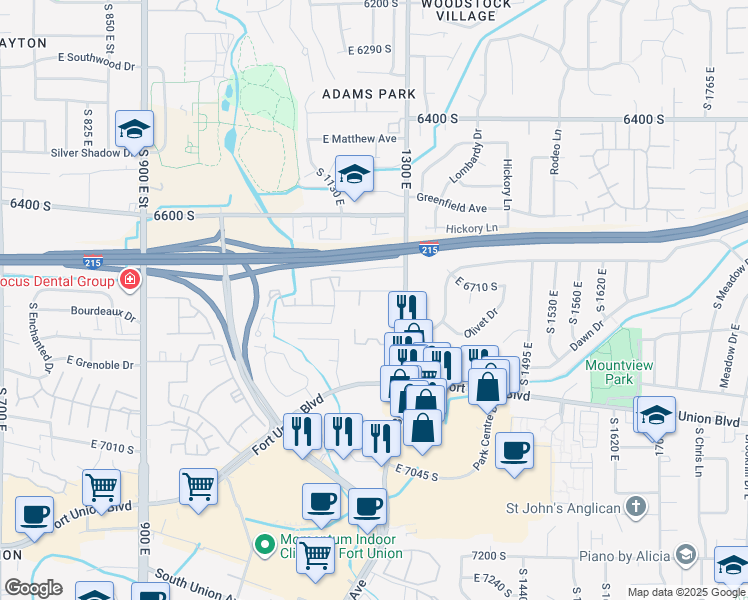 map of restaurants, bars, coffee shops, grocery stores, and more near 1245 Privet Drive in Cottonwood Heights