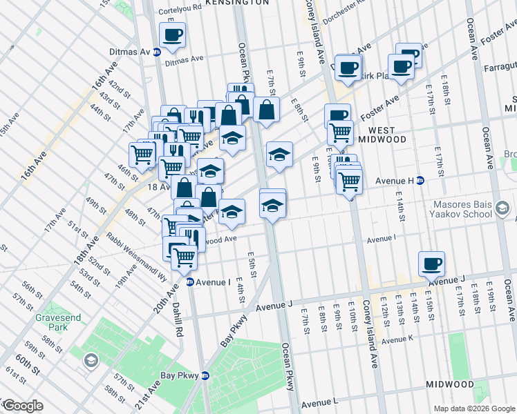 map of restaurants, bars, coffee shops, grocery stores, and more near 927 East 5th Street in Brooklyn
