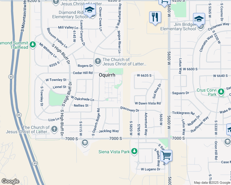 map of restaurants, bars, coffee shops, grocery stores, and more near 6736 Empress Lane in West Jordan