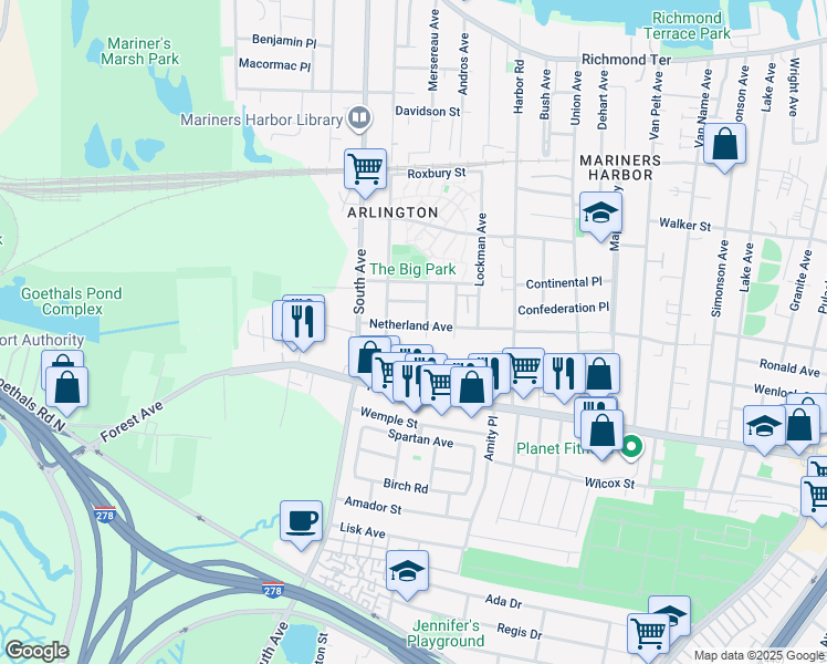 map of restaurants, bars, coffee shops, grocery stores, and more near 450 Netherland Avenue in Staten Island