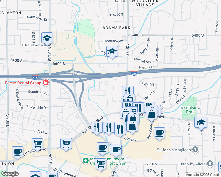map of restaurants, bars, coffee shops, grocery stores, and more near 1205 Privet Drive in Cottonwood Heights
