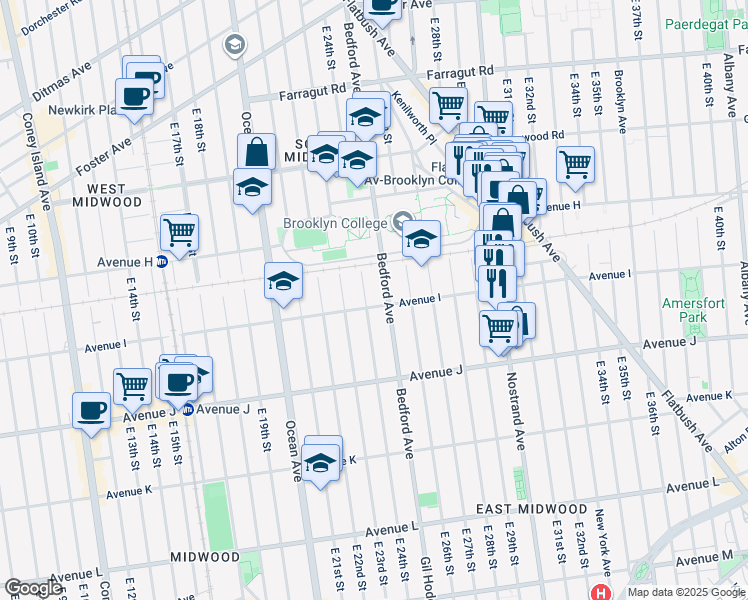 map of restaurants, bars, coffee shops, grocery stores, and more near 881 East 24th Street in Brooklyn