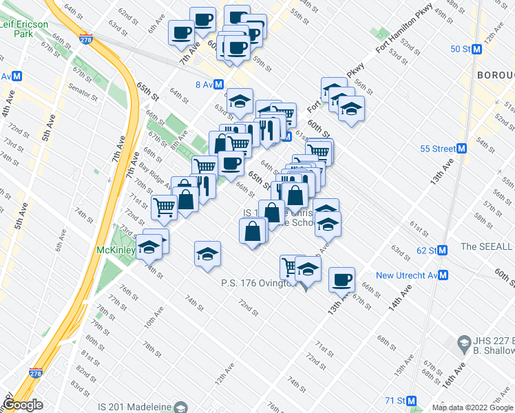 map of restaurants, bars, coffee shops, grocery stores, and more near 1014 66th Street in Brooklyn