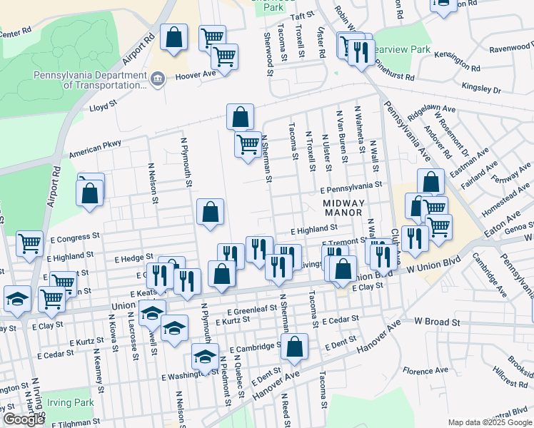 map of restaurants, bars, coffee shops, grocery stores, and more near 1124 North Sherman Street in Allentown