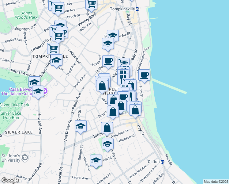 map of restaurants, bars, coffee shops, grocery stores, and more near 109 Prospect Street in Staten Island