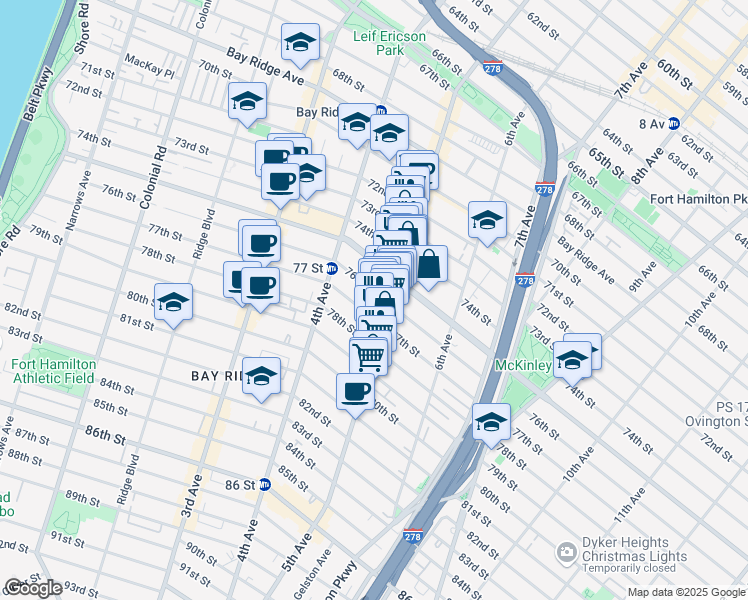 map of restaurants, bars, coffee shops, grocery stores, and more near 470 76th Street in Brooklyn