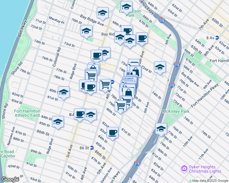 map of restaurants, bars, coffee shops, grocery stores, and more near 424 77th Street in Brooklyn