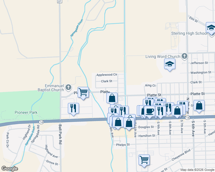 map of restaurants, bars, coffee shops, grocery stores, and more near 114 Applewood Circle in Sterling