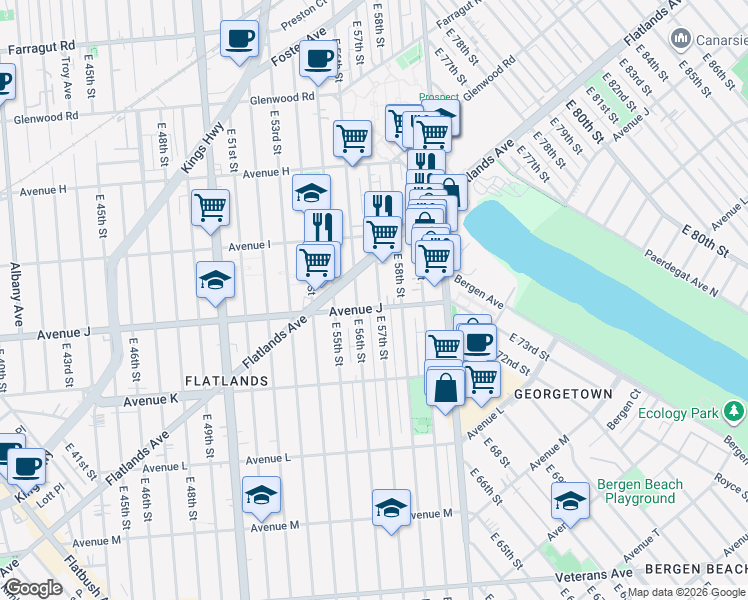 map of restaurants, bars, coffee shops, grocery stores, and more near 968 East 57th Street in Brooklyn