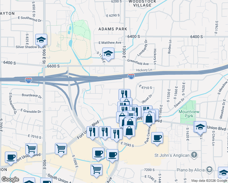 map of restaurants, bars, coffee shops, grocery stores, and more near 1245 Privet Drive in Cottonwood Heights