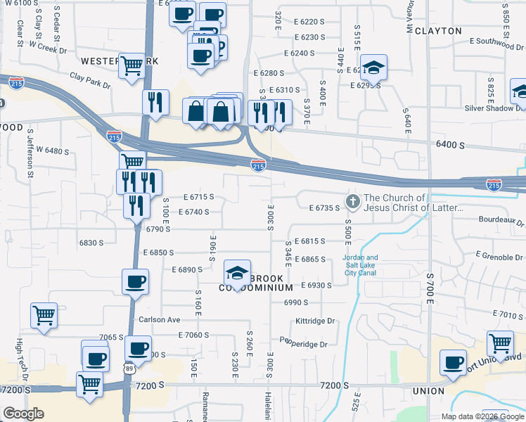 map of restaurants, bars, coffee shops, grocery stores, and more near 285 East Vaughn Lane in Midvale