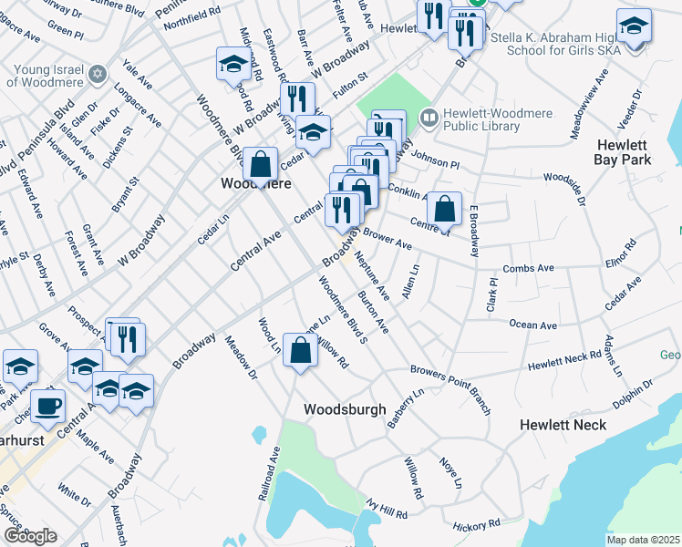 map of restaurants, bars, coffee shops, grocery stores, and more near 11 Burton Avenue in Woodmere