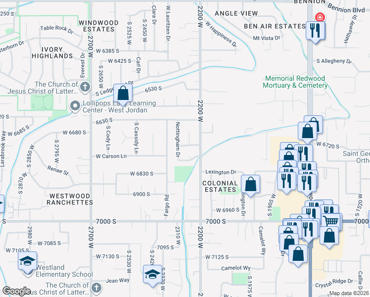 map of restaurants, bars, coffee shops, grocery stores, and more near 2269 Moor Lane in West Jordan