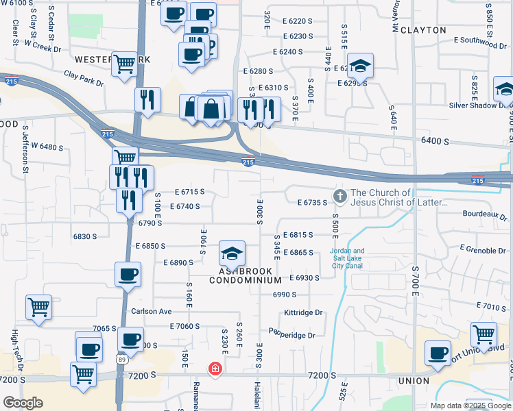 map of restaurants, bars, coffee shops, grocery stores, and more near 293 East Vaughn Lane in Midvale