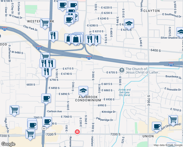 map of restaurants, bars, coffee shops, grocery stores, and more near 289 East Vaughn Lane in Midvale